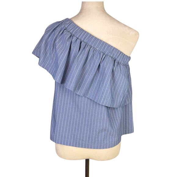 Koch Blue Pinstripe One Shoulder Ruffle Blouse Top Matching Shorts Two Piece Set - Picture 4 of 11
